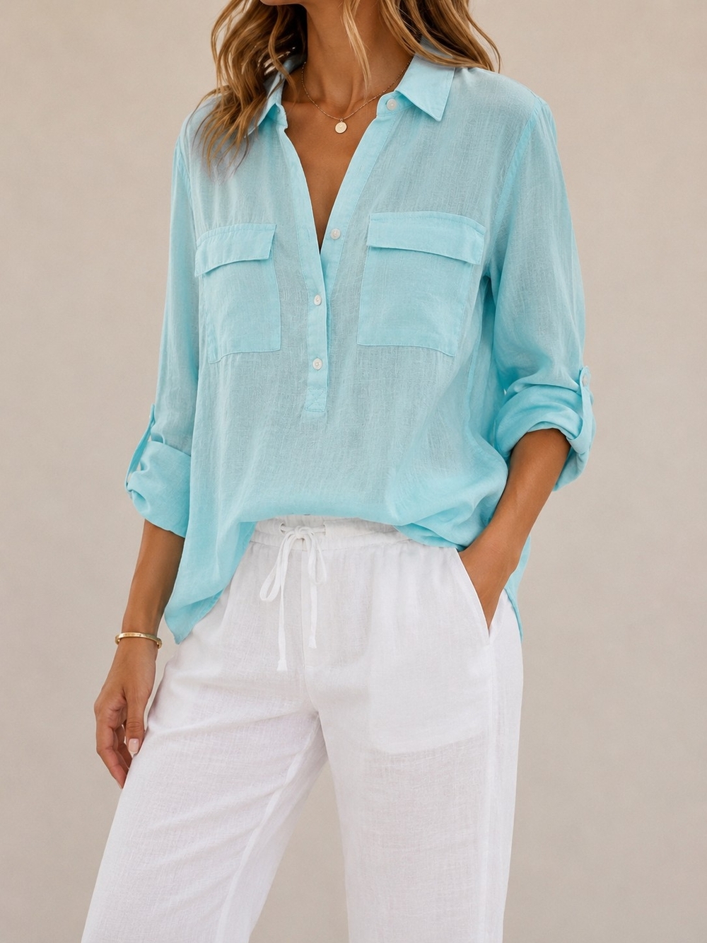 Old Navy Aqua Linen Blend Roll Tab Tunic Blouse XL